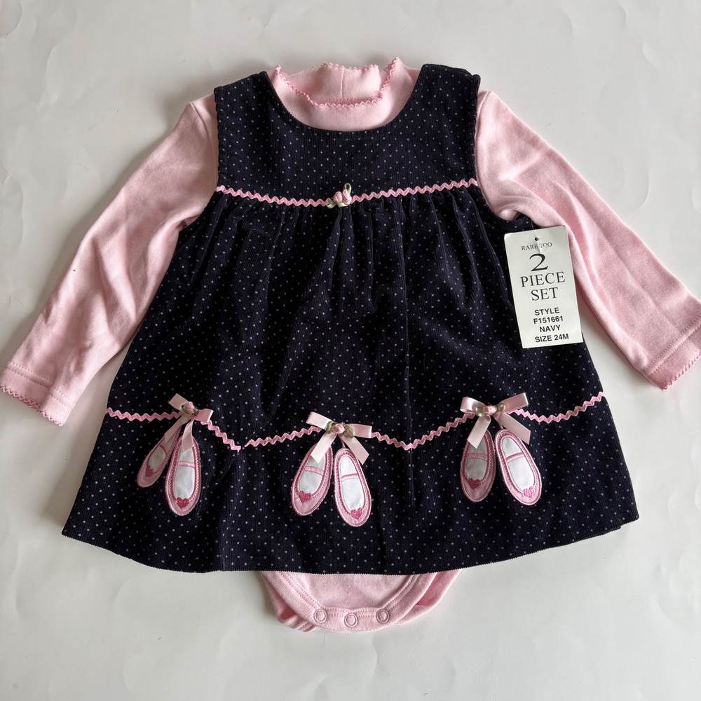 Rare Too! Navy Pink Polka Dot Ballet Corduroy Jumper and‎ Bodysuit Set 24M NWT